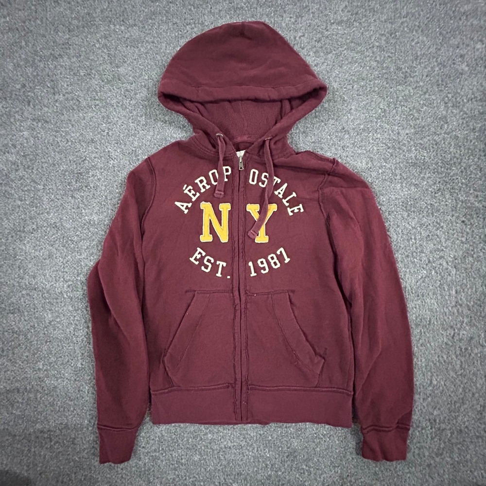 Aeropostale Hoodie Womens Size S Burgundy NY 1987 Graphic Full Zip Sweatshirt